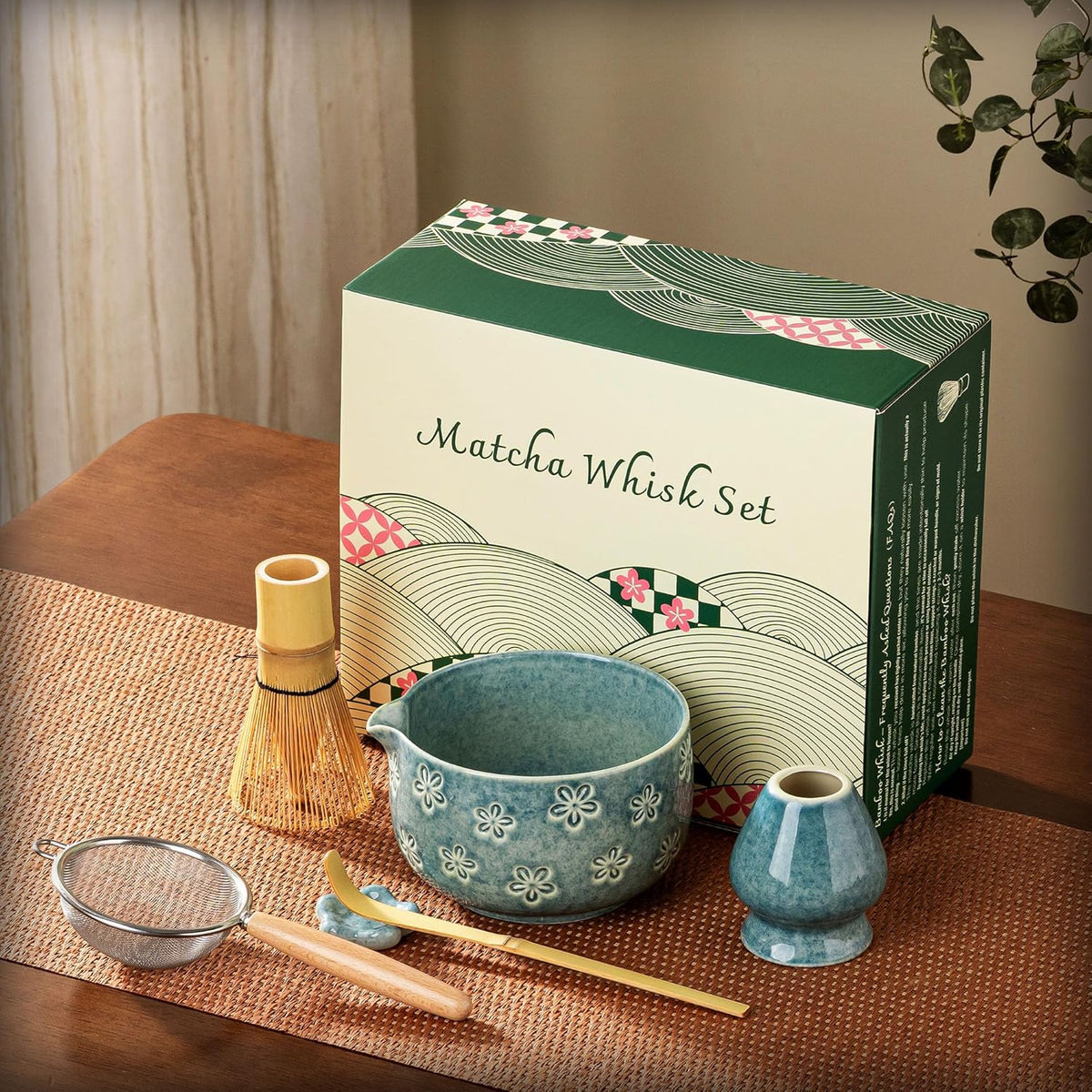 Matcha Whisk Set, Ceramic Matcha Set, 6 Pcs Matcha Kit Includes Matcha Bowl, Matcha Whisk with Holder, Bamboo Scoop, Scoop Rest, Sifter, Ceremonial Matcha Tea Set, Perfect Gifts, Blue