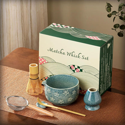 Matcha Whisk Set, Ceramic Matcha Set, 6 Pcs Matcha Kit Includes Matcha Bowl, Matcha Whisk with Holder, Bamboo Scoop, Scoop Rest, Sifter, Ceremonial Matcha Tea Set, Perfect Gifts, Blue