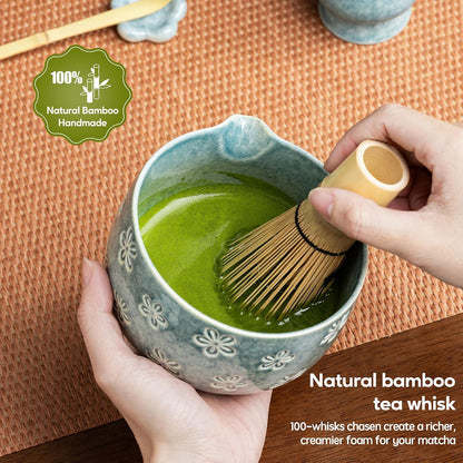 Matcha Whisk Set, Ceramic Matcha Set, 6 Pcs Matcha Kit Includes Matcha Bowl, Matcha Whisk with Holder, Bamboo Scoop, Scoop Rest, Sifter, Ceremonial Matcha Tea Set, Perfect Gifts, Blue