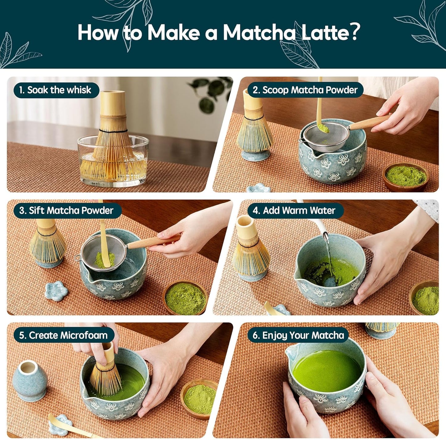 Matcha Whisk Set, Ceramic Matcha Set, 6 Pcs Matcha Kit Includes Matcha Bowl, Matcha Whisk with Holder, Bamboo Scoop, Scoop Rest, Sifter, Ceremonial Matcha Tea Set, Perfect Gifts, Blue