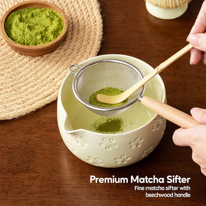 Matcha Whisk Set, Ceramic Matcha Set, 6 Pcs Matcha Kit Includes Matcha Bowl, Matcha Whisk with Holder, Bamboo Scoop, Scoop Rest, Sifter, Ceremonial Matcha Tea Set, Perfect Gifts, Blue