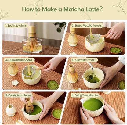 Matcha Whisk Set, Ceramic Matcha Set, 6 Pcs Matcha Kit Includes Matcha Bowl, Matcha Whisk with Holder, Bamboo Scoop, Scoop Rest, Sifter, Ceremonial Matcha Tea Set, Perfect Gifts, Blue