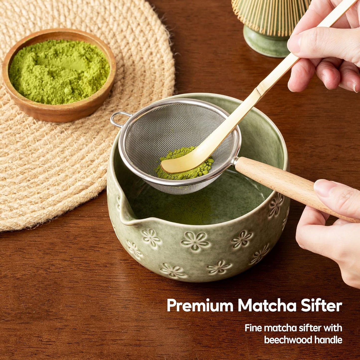 Matcha Whisk Set, Ceramic Matcha Set, 6 Pcs Matcha Kit Includes Matcha Bowl, Matcha Whisk with Holder, Bamboo Scoop, Scoop Rest, Sifter, Ceremonial Matcha Tea Set, Perfect Gifts, Blue