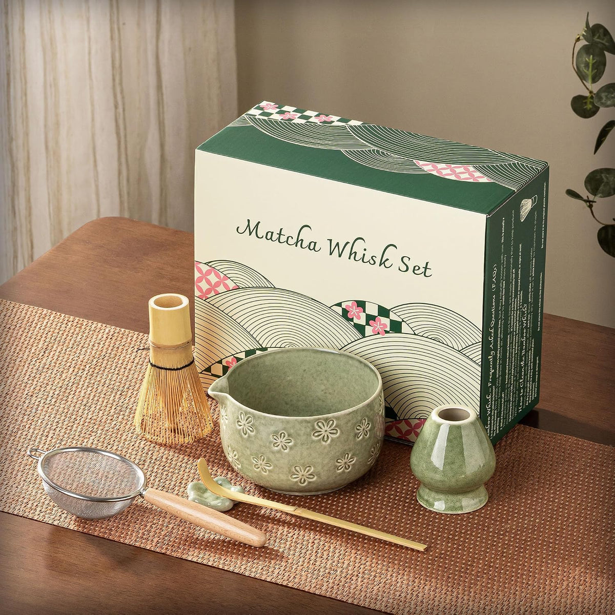 Matcha Whisk Set, Ceramic Matcha Set, 6 Pcs Matcha Kit Includes Matcha Bowl, Matcha Whisk with Holder, Bamboo Scoop, Scoop Rest, Sifter, Ceremonial Matcha Tea Set, Perfect Gifts, Blue