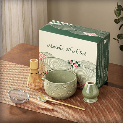 Matcha Whisk Set, Ceramic Matcha Set, 6 Pcs Matcha Kit Includes Matcha Bowl, Matcha Whisk with Holder, Bamboo Scoop, Scoop Rest, Sifter, Ceremonial Matcha Tea Set, Perfect Gifts, Blue