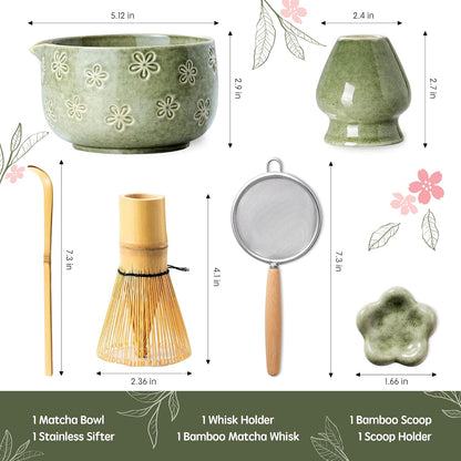 Matcha Whisk Set, Ceramic Matcha Set, 6 Pcs Matcha Kit Includes Matcha Bowl, Matcha Whisk with Holder, Bamboo Scoop, Scoop Rest, Sifter, Ceremonial Matcha Tea Set, Perfect Gifts, Blue