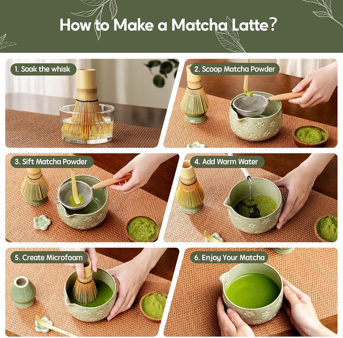 Matcha Whisk Set, Ceramic Matcha Set, 6 Pcs Matcha Kit Includes Matcha Bowl, Matcha Whisk with Holder, Bamboo Scoop, Scoop Rest, Sifter, Ceremonial Matcha Tea Set, Perfect Gifts, Blue
