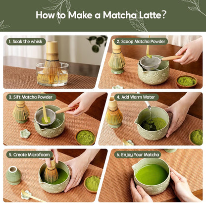 Matcha Whisk Set, Ceramic Matcha Set, 6 Pcs Matcha Kit Includes Matcha Bowl, Matcha Whisk with Holder, Bamboo Scoop, Scoop Rest, Sifter, Ceremonial Matcha Tea Set, Perfect Gifts, Blue
