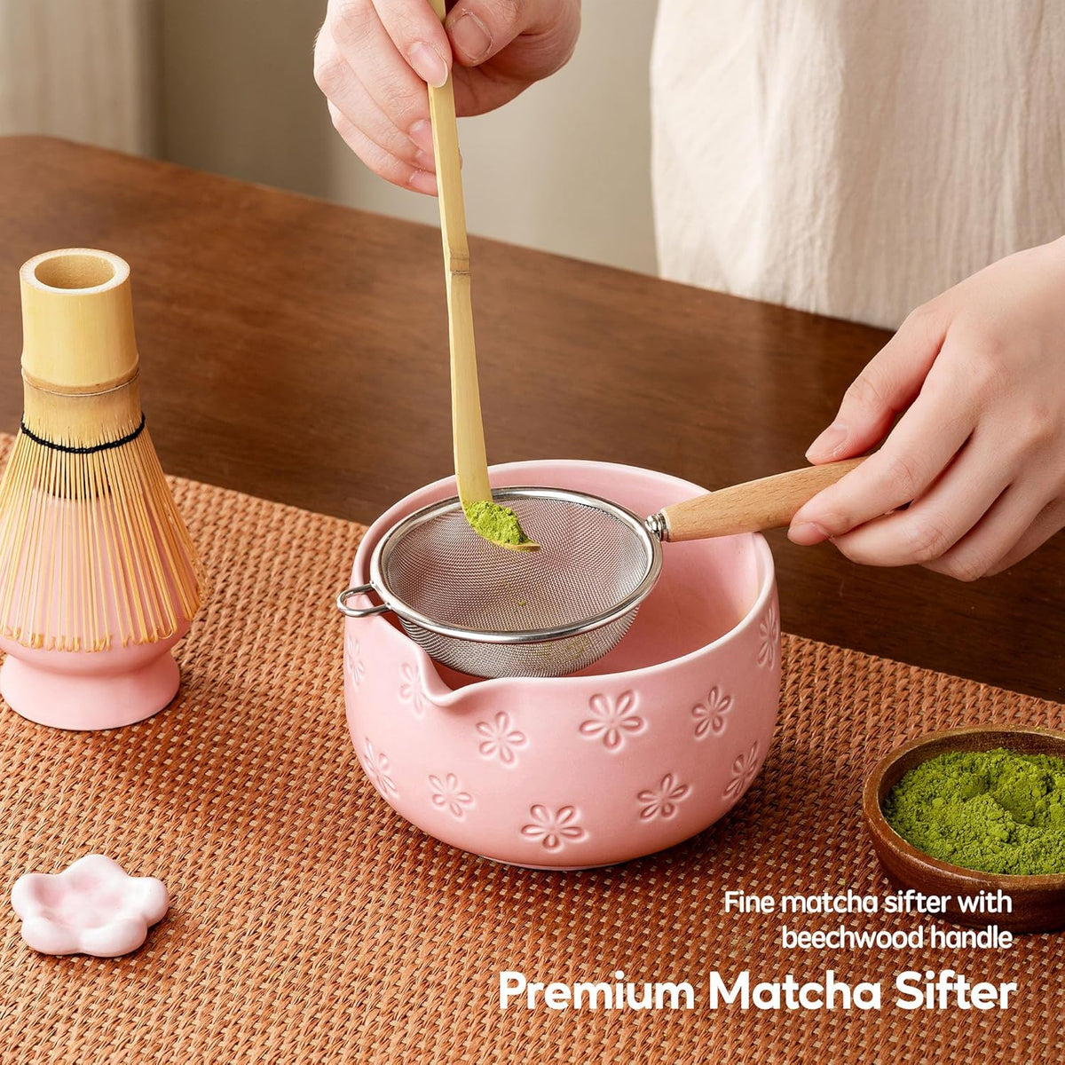 Matcha Whisk Set, Ceramic Matcha Set, 6 Pcs Matcha Kit Includes Matcha Bowl, Matcha Whisk with Holder, Bamboo Scoop, Scoop Rest, Sifter, Ceremonial Matcha Tea Set, Perfect Gifts, Blue