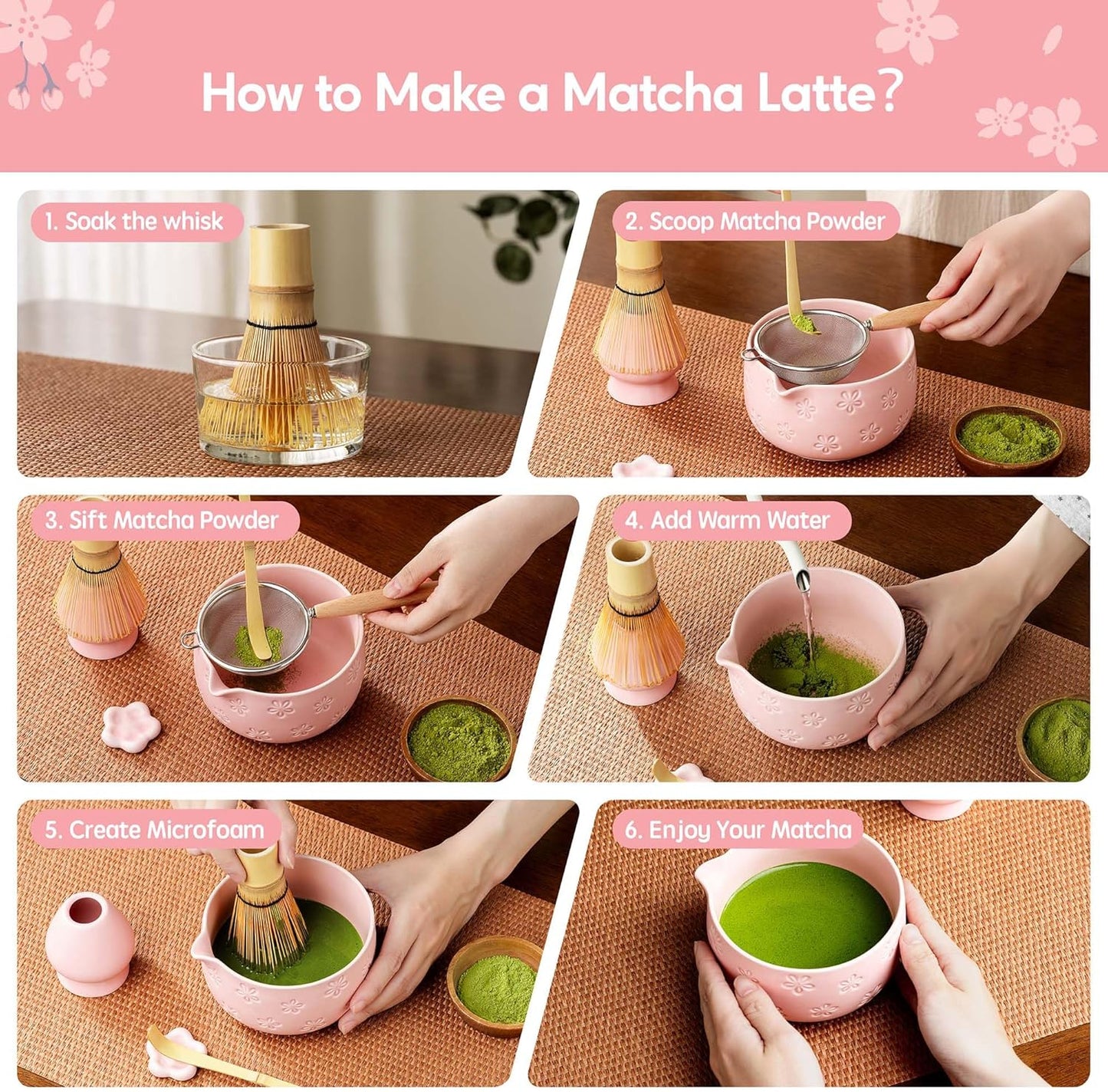Matcha Whisk Set, Ceramic Matcha Set, 6 Pcs Matcha Kit Includes Matcha Bowl, Matcha Whisk with Holder, Bamboo Scoop, Scoop Rest, Sifter, Ceremonial Matcha Tea Set, Perfect Gifts, Blue