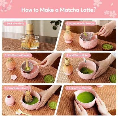 Matcha Whisk Set, Ceramic Matcha Set, 6 Pcs Matcha Kit Includes Matcha Bowl, Matcha Whisk with Holder, Bamboo Scoop, Scoop Rest, Sifter, Ceremonial Matcha Tea Set, Perfect Gifts, Blue