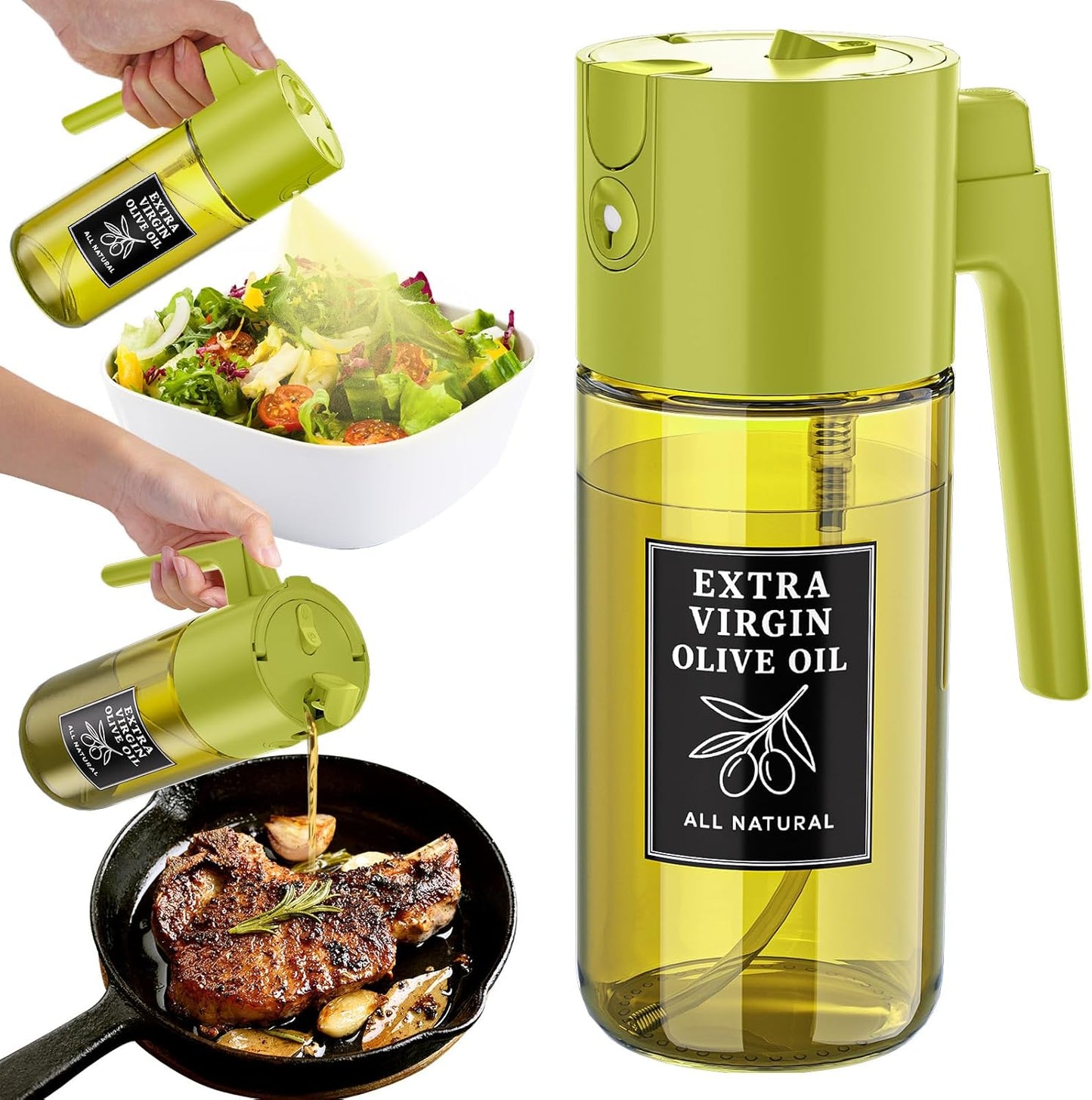 2-in-1 Dark Glass Oil Sprayer & Dispenser, Green Fine Mist No-Drip | 500ml dark glass for salad, air fryer vegetables & fresh kitchen prep; food-safe, 304 filter, wide-mouth refill/cleaning.