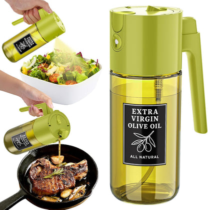 2-in-1 Dark Glass Oil Sprayer & Dispenser, Green Fine Mist No-Drip | 500ml dark glass for salad, air fryer vegetables & fresh kitchen prep; food-safe, 304 filter, wide-mouth refill/cleaning.