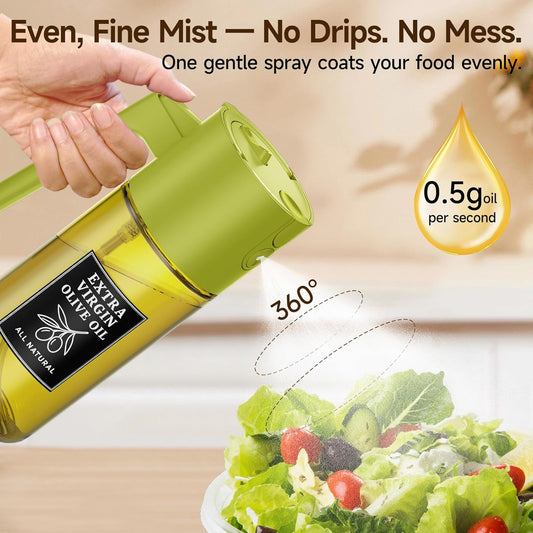 2-in-1 Dark Glass Oil Sprayer & Dispenser, Green Fine Mist No-Drip | 500ml dark glass for salad, air fryer vegetables & fresh kitchen prep; food-safe, 304 filter, wide-mouth refill/cleaning.