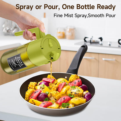 2-in-1 Dark Glass Oil Sprayer & Dispenser, Green Fine Mist No-Drip | 500ml dark glass for salad, air fryer vegetables & fresh kitchen prep; food-safe, 304 filter, wide-mouth refill/cleaning.