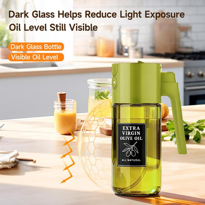 2-in-1 Dark Glass Oil Sprayer & Dispenser, Green Fine Mist No-Drip | 500ml dark glass for salad, air fryer vegetables & fresh kitchen prep; food-safe, 304 filter, wide-mouth refill/cleaning.