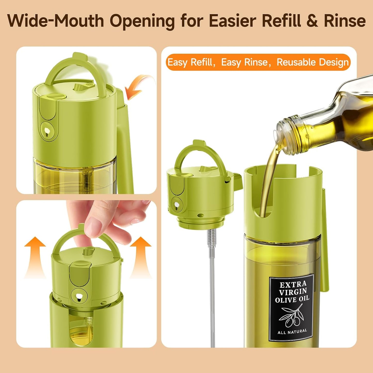 2-in-1 Dark Glass Oil Sprayer & Dispenser, Green Fine Mist No-Drip | 500ml dark glass for salad, air fryer vegetables & fresh kitchen prep; food-safe, 304 filter, wide-mouth refill/cleaning.