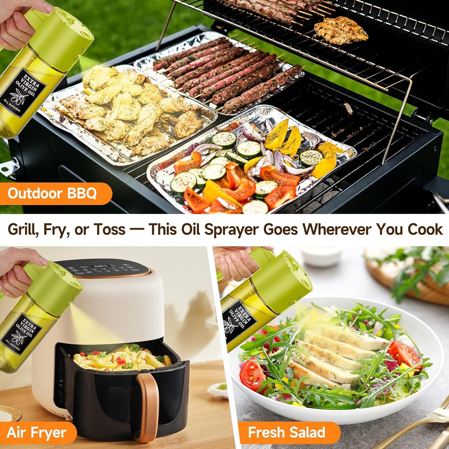 2-in-1 Dark Glass Oil Sprayer & Dispenser, Green Fine Mist No-Drip | 500ml dark glass for salad, air fryer vegetables & fresh kitchen prep; food-safe, 304 filter, wide-mouth refill/cleaning.