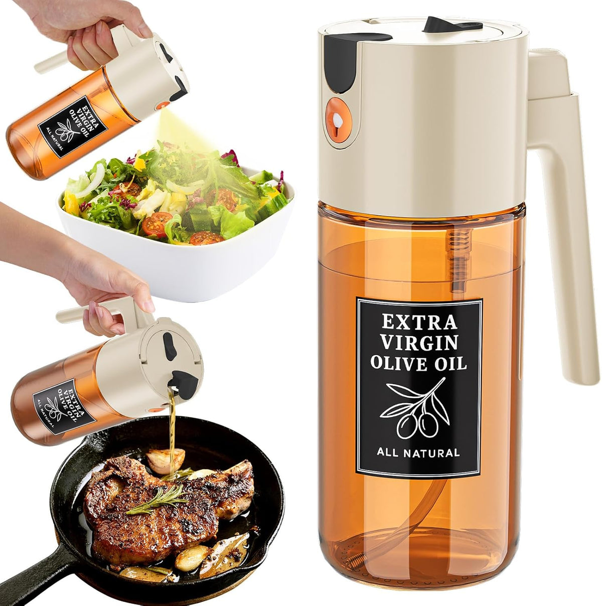 2-in-1 Dark Glass Oil Sprayer & Dispenser, Green Fine Mist No-Drip | 500ml dark glass for salad, air fryer vegetables & fresh kitchen prep; food-safe, 304 filter, wide-mouth refill/cleaning.