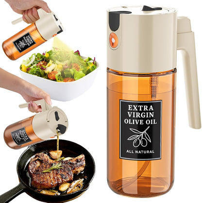 2-in-1 Dark Glass Oil Sprayer & Dispenser, Green Fine Mist No-Drip | 500ml dark glass for salad, air fryer vegetables & fresh kitchen prep; food-safe, 304 filter, wide-mouth refill/cleaning.