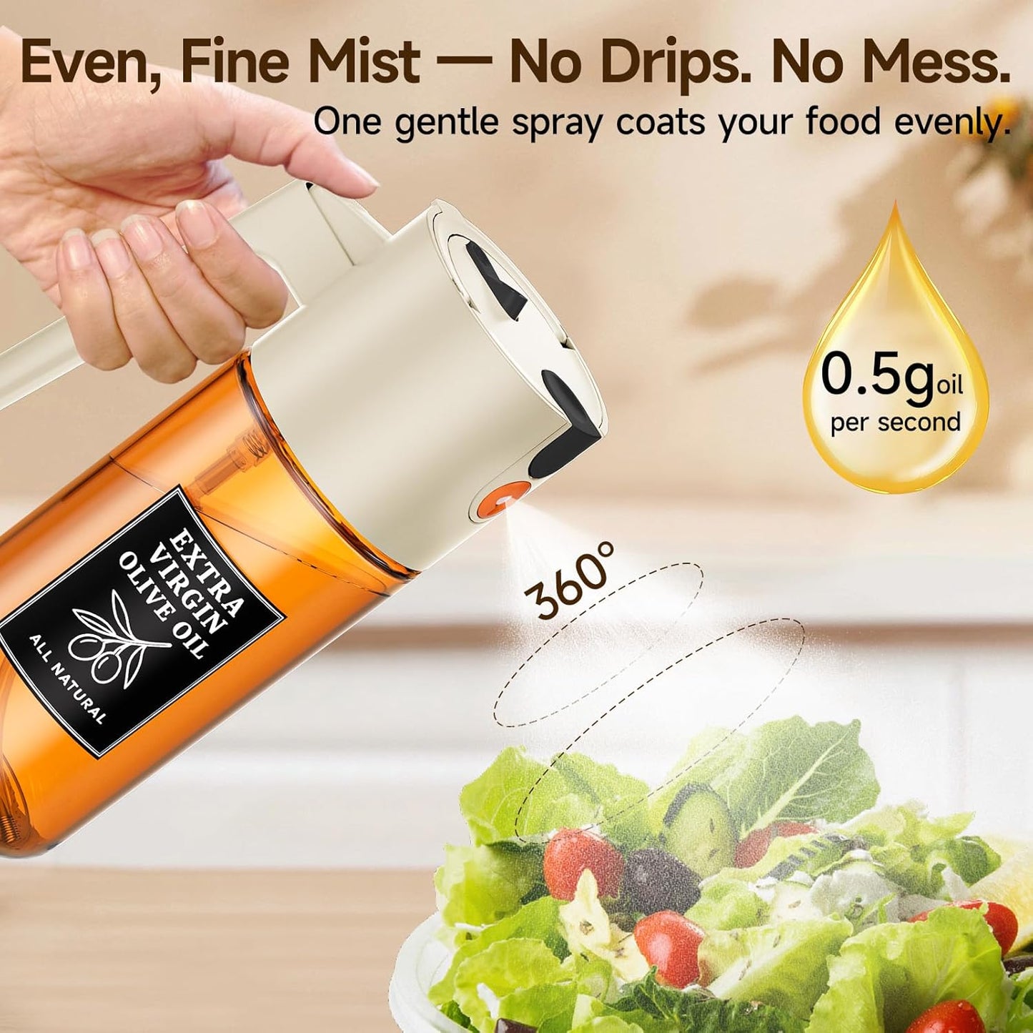 2-in-1 Dark Glass Oil Sprayer & Dispenser, Green Fine Mist No-Drip | 500ml dark glass for salad, air fryer vegetables & fresh kitchen prep; food-safe, 304 filter, wide-mouth refill/cleaning.