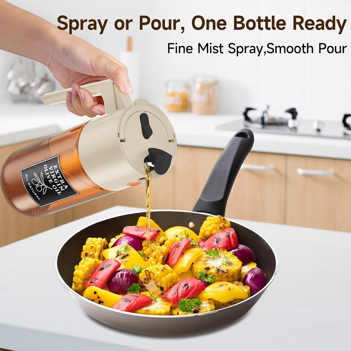 2-in-1 Dark Glass Oil Sprayer & Dispenser, Green Fine Mist No-Drip | 500ml dark glass for salad, air fryer vegetables & fresh kitchen prep; food-safe, 304 filter, wide-mouth refill/cleaning.