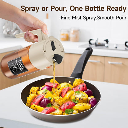 2-in-1 Dark Glass Oil Sprayer & Dispenser, Green Fine Mist No-Drip | 500ml dark glass for salad, air fryer vegetables & fresh kitchen prep; food-safe, 304 filter, wide-mouth refill/cleaning.