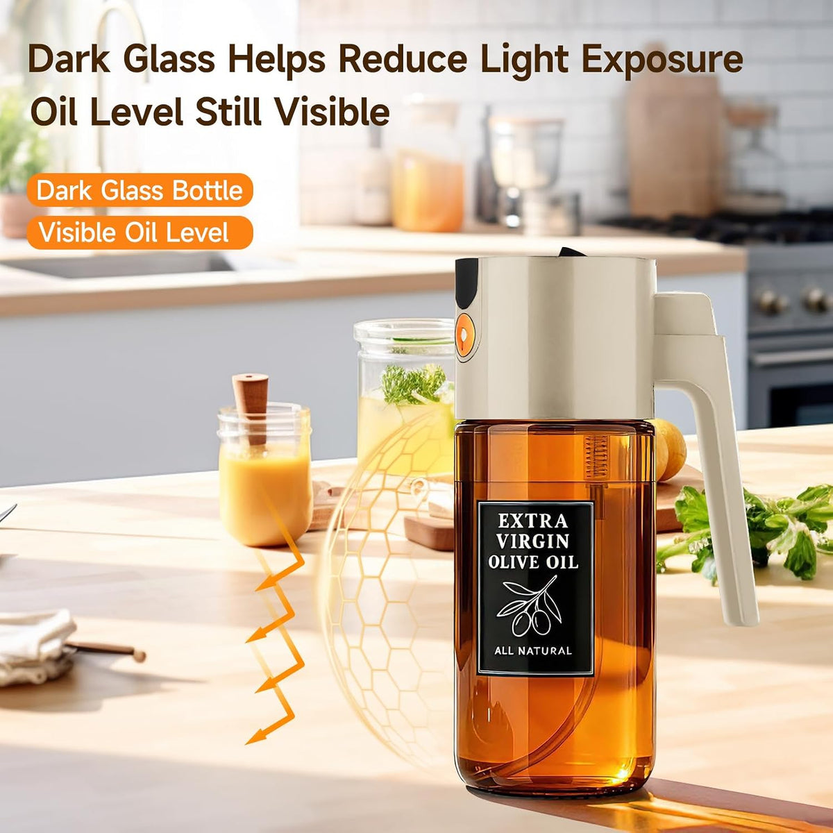 2-in-1 Dark Glass Oil Sprayer & Dispenser, Green Fine Mist No-Drip | 500ml dark glass for salad, air fryer vegetables & fresh kitchen prep; food-safe, 304 filter, wide-mouth refill/cleaning.