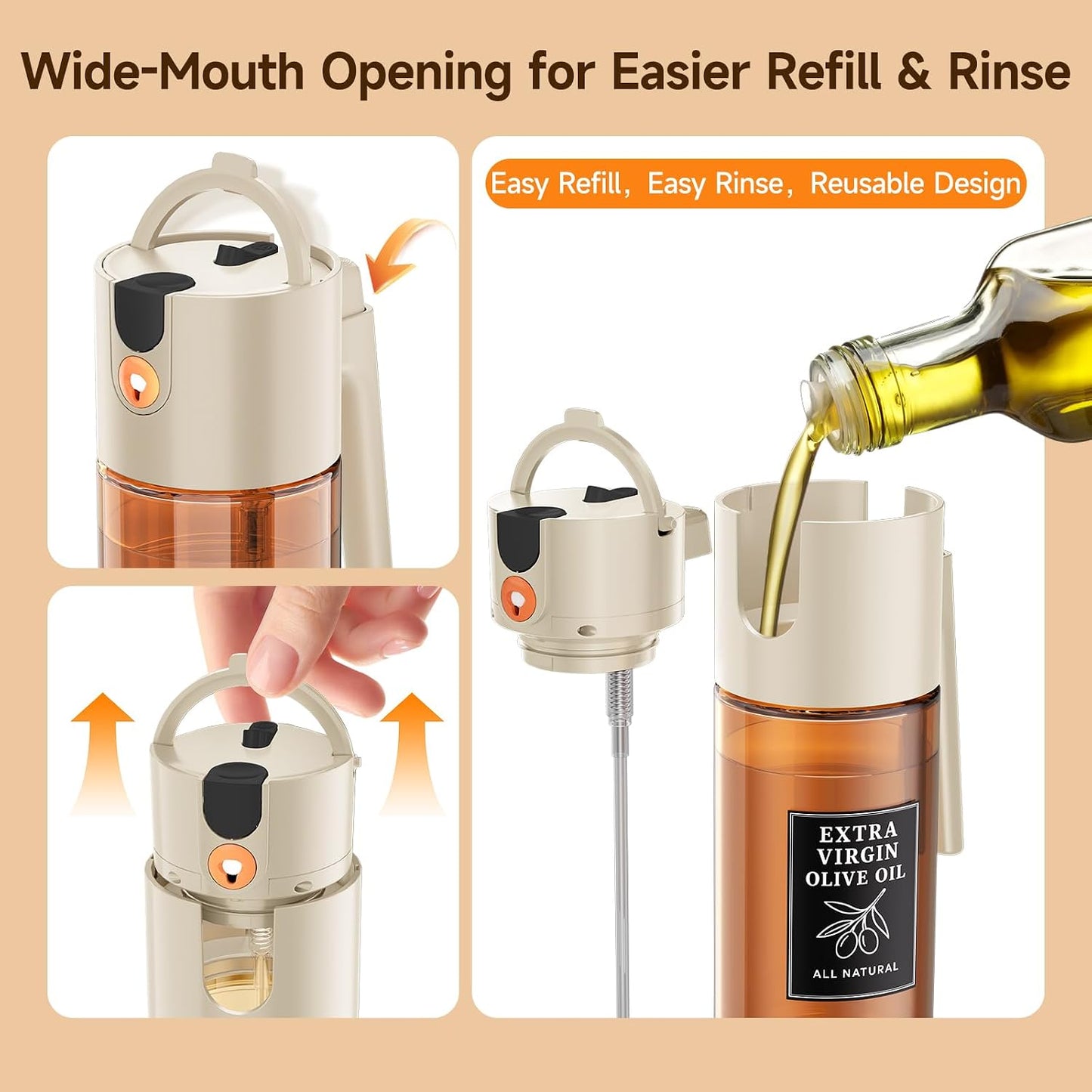 2-in-1 Dark Glass Oil Sprayer & Dispenser, Green Fine Mist No-Drip | 500ml dark glass for salad, air fryer vegetables & fresh kitchen prep; food-safe, 304 filter, wide-mouth refill/cleaning.
