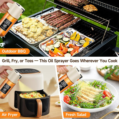 2-in-1 Dark Glass Oil Sprayer & Dispenser, Green Fine Mist No-Drip | 500ml dark glass for salad, air fryer vegetables & fresh kitchen prep; food-safe, 304 filter, wide-mouth refill/cleaning.
