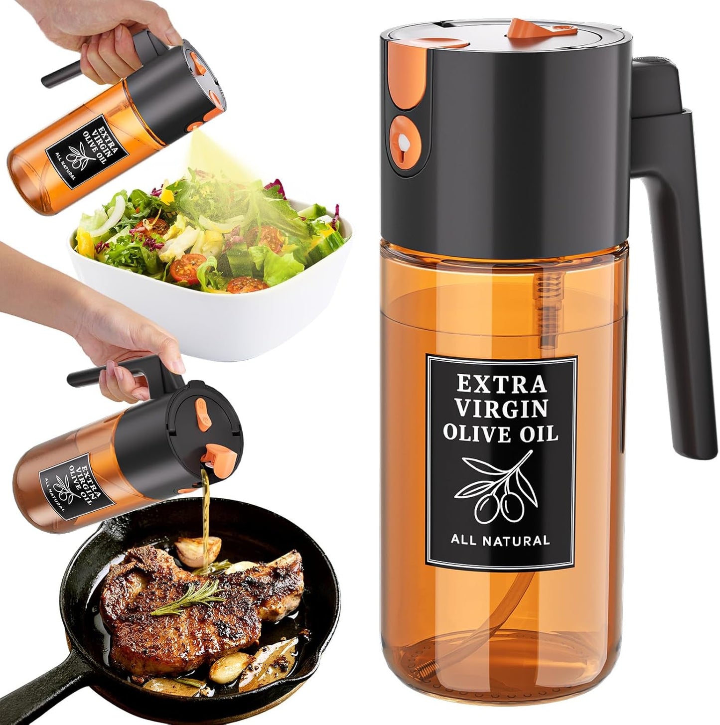 2-in-1 Dark Glass Oil Sprayer & Dispenser, Green Fine Mist No-Drip | 500ml dark glass for salad, air fryer vegetables & fresh kitchen prep; food-safe, 304 filter, wide-mouth refill/cleaning.