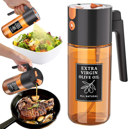 2-in-1 Dark Glass Oil Sprayer & Dispenser, Green Fine Mist No-Drip | 500ml dark glass for salad, air fryer vegetables & fresh kitchen prep; food-safe, 304 filter, wide-mouth refill/cleaning.