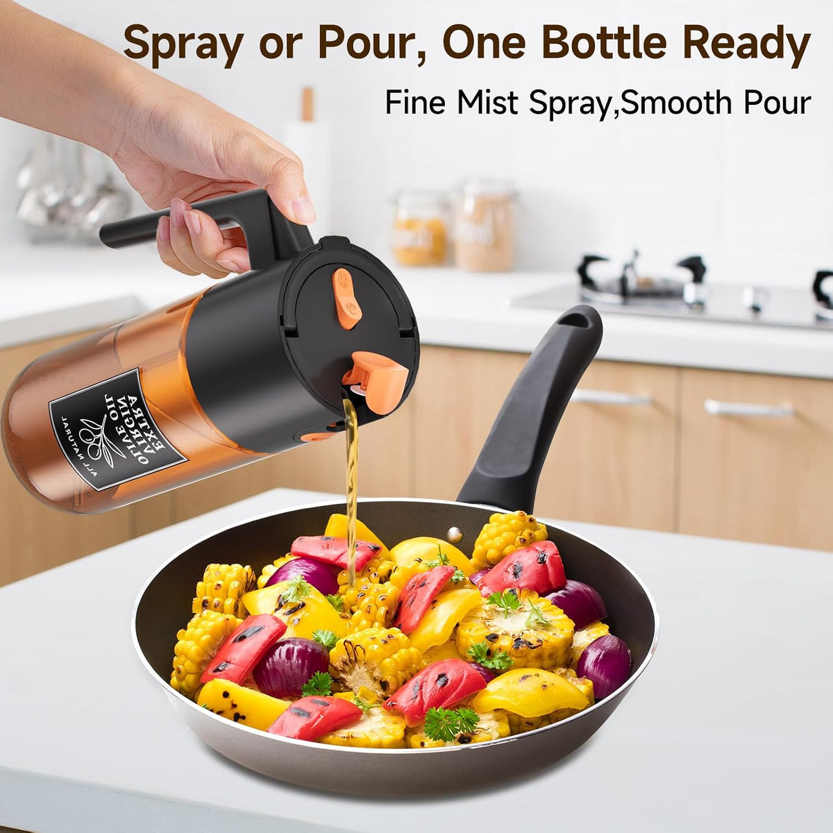 2-in-1 Dark Glass Oil Sprayer & Dispenser, Green Fine Mist No-Drip | 500ml dark glass for salad, air fryer vegetables & fresh kitchen prep; food-safe, 304 filter, wide-mouth refill/cleaning.