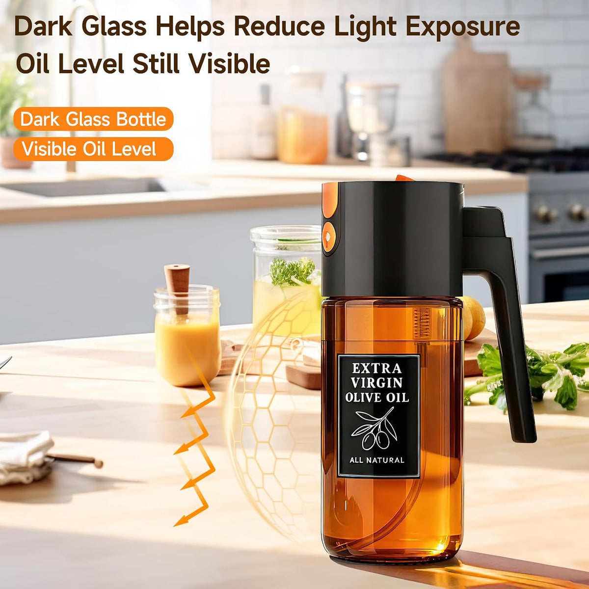 2-in-1 Dark Glass Oil Sprayer & Dispenser, Green Fine Mist No-Drip | 500ml dark glass for salad, air fryer vegetables & fresh kitchen prep; food-safe, 304 filter, wide-mouth refill/cleaning.
