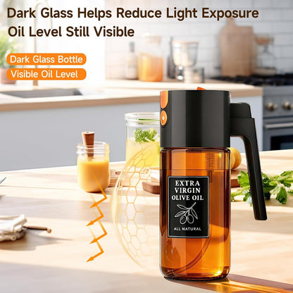 2-in-1 Dark Glass Oil Sprayer & Dispenser, Green Fine Mist No-Drip | 500ml dark glass for salad, air fryer vegetables & fresh kitchen prep; food-safe, 304 filter, wide-mouth refill/cleaning.