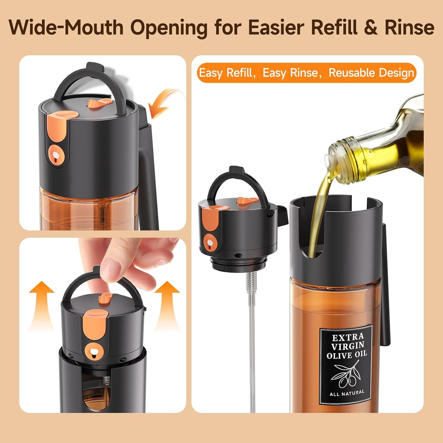 2-in-1 Dark Glass Oil Sprayer & Dispenser, Green Fine Mist No-Drip | 500ml dark glass for salad, air fryer vegetables & fresh kitchen prep; food-safe, 304 filter, wide-mouth refill/cleaning.