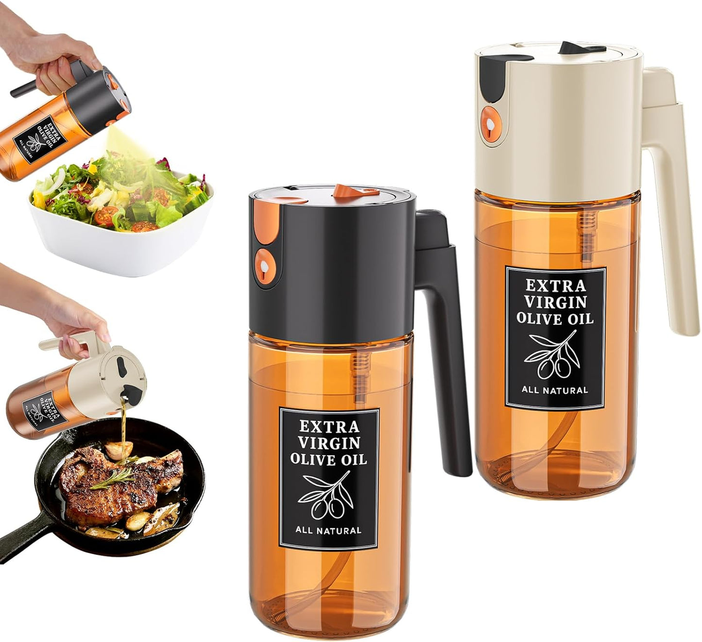 2-in-1 Dark Glass Oil Sprayer & Dispenser, Green Fine Mist No-Drip | 500ml dark glass for salad, air fryer vegetables & fresh kitchen prep; food-safe, 304 filter, wide-mouth refill/cleaning.