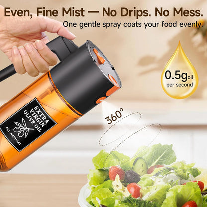 2-in-1 Dark Glass Oil Sprayer & Dispenser, Green Fine Mist No-Drip | 500ml dark glass for salad, air fryer vegetables & fresh kitchen prep; food-safe, 304 filter, wide-mouth refill/cleaning.