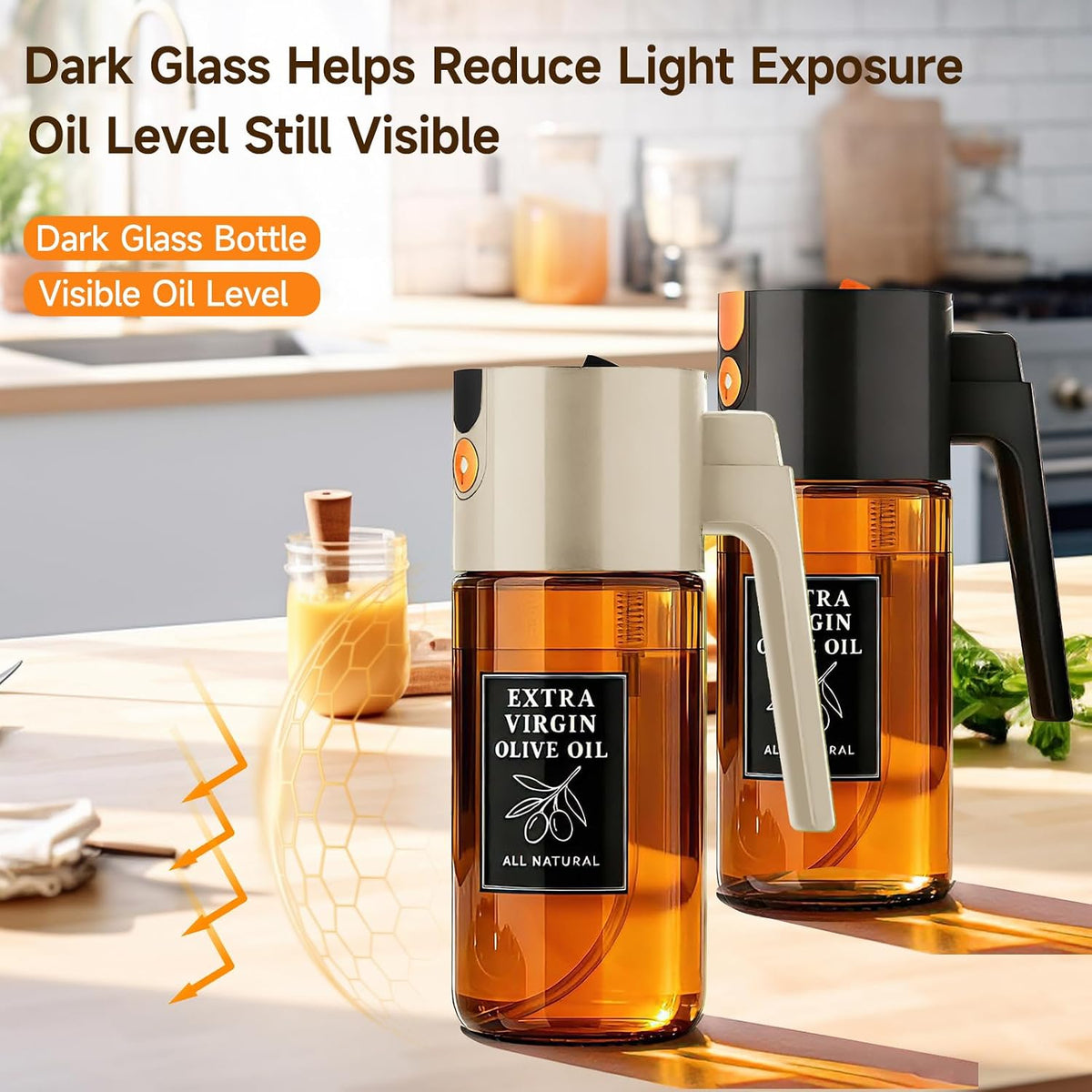 2-in-1 Dark Glass Oil Sprayer & Dispenser, Green Fine Mist No-Drip | 500ml dark glass for salad, air fryer vegetables & fresh kitchen prep; food-safe, 304 filter, wide-mouth refill/cleaning.