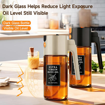 2-in-1 Dark Glass Oil Sprayer & Dispenser, Green Fine Mist No-Drip | 500ml dark glass for salad, air fryer vegetables & fresh kitchen prep; food-safe, 304 filter, wide-mouth refill/cleaning.