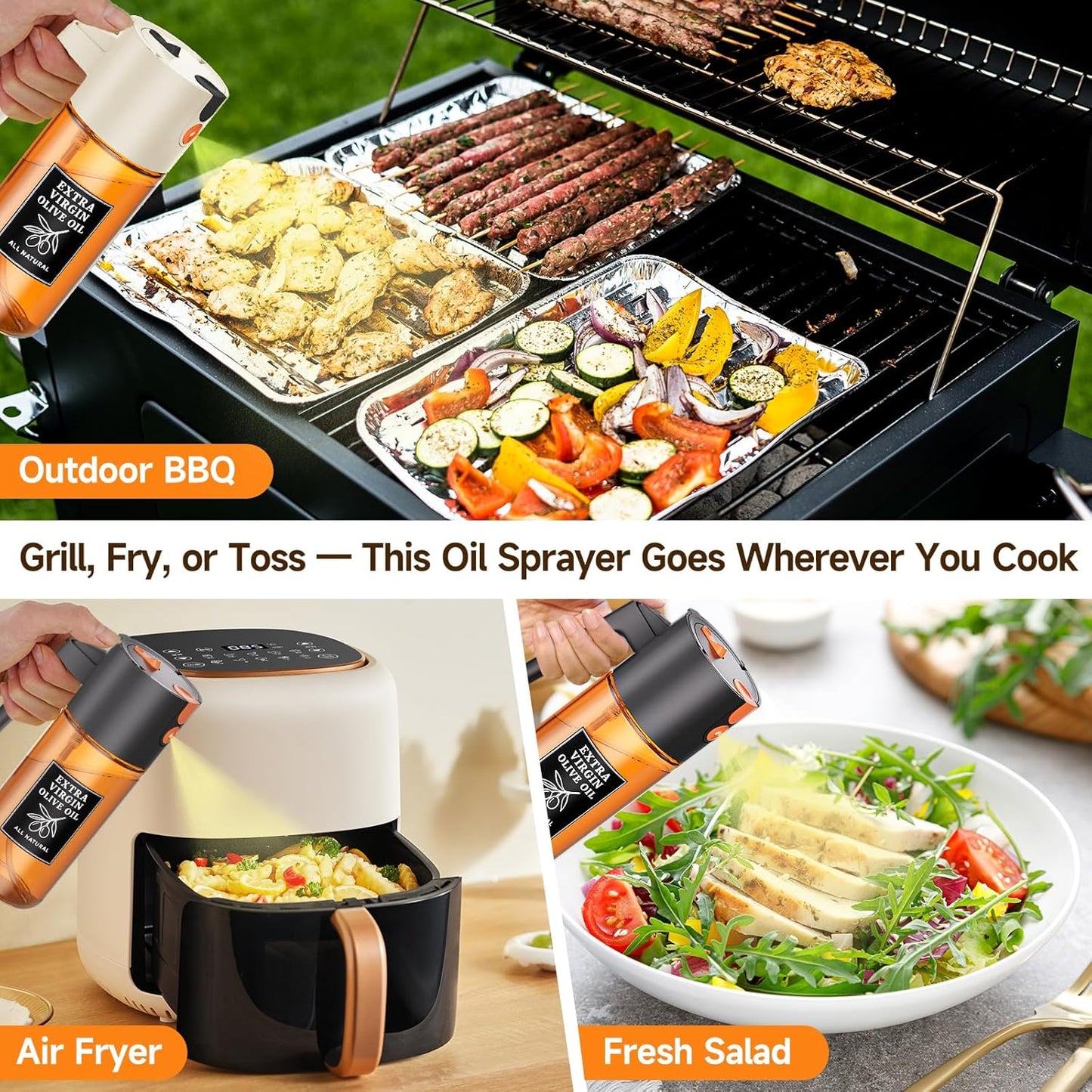2-in-1 Dark Glass Oil Sprayer & Dispenser, Green Fine Mist No-Drip | 500ml dark glass for salad, air fryer vegetables & fresh kitchen prep; food-safe, 304 filter, wide-mouth refill/cleaning.