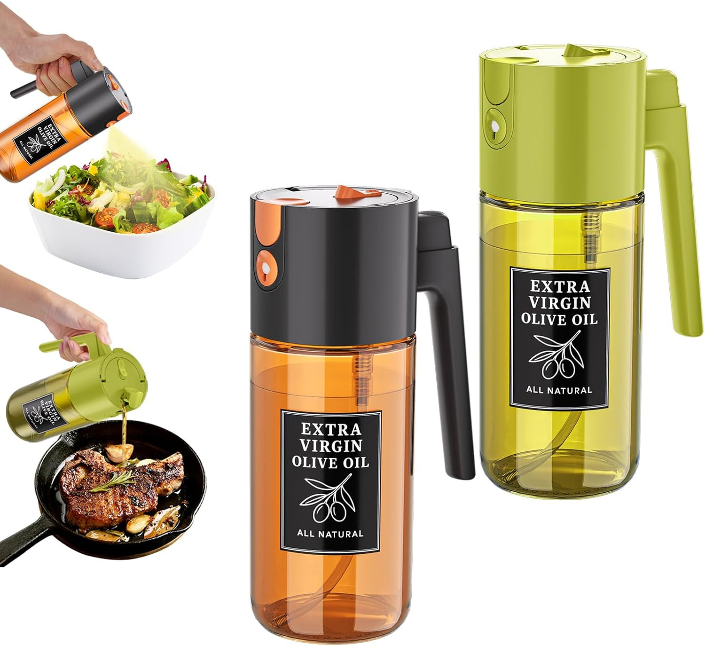2-in-1 Dark Glass Oil Sprayer & Dispenser, Green Fine Mist No-Drip | 500ml dark glass for salad, air fryer vegetables & fresh kitchen prep; food-safe, 304 filter, wide-mouth refill/cleaning.