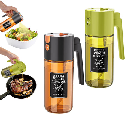2-in-1 Dark Glass Oil Sprayer & Dispenser, Green Fine Mist No-Drip | 500ml dark glass for salad, air fryer vegetables & fresh kitchen prep; food-safe, 304 filter, wide-mouth refill/cleaning.