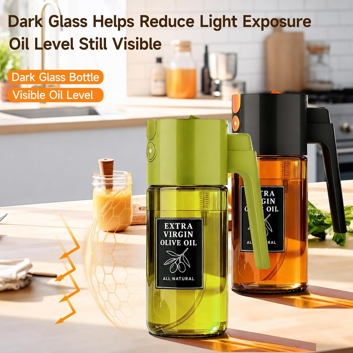 2-in-1 Dark Glass Oil Sprayer & Dispenser, Green Fine Mist No-Drip | 500ml dark glass for salad, air fryer vegetables & fresh kitchen prep; food-safe, 304 filter, wide-mouth refill/cleaning.