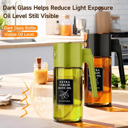 2-in-1 Dark Glass Oil Sprayer & Dispenser, Green Fine Mist No-Drip | 500ml dark glass for salad, air fryer vegetables & fresh kitchen prep; food-safe, 304 filter, wide-mouth refill/cleaning.
