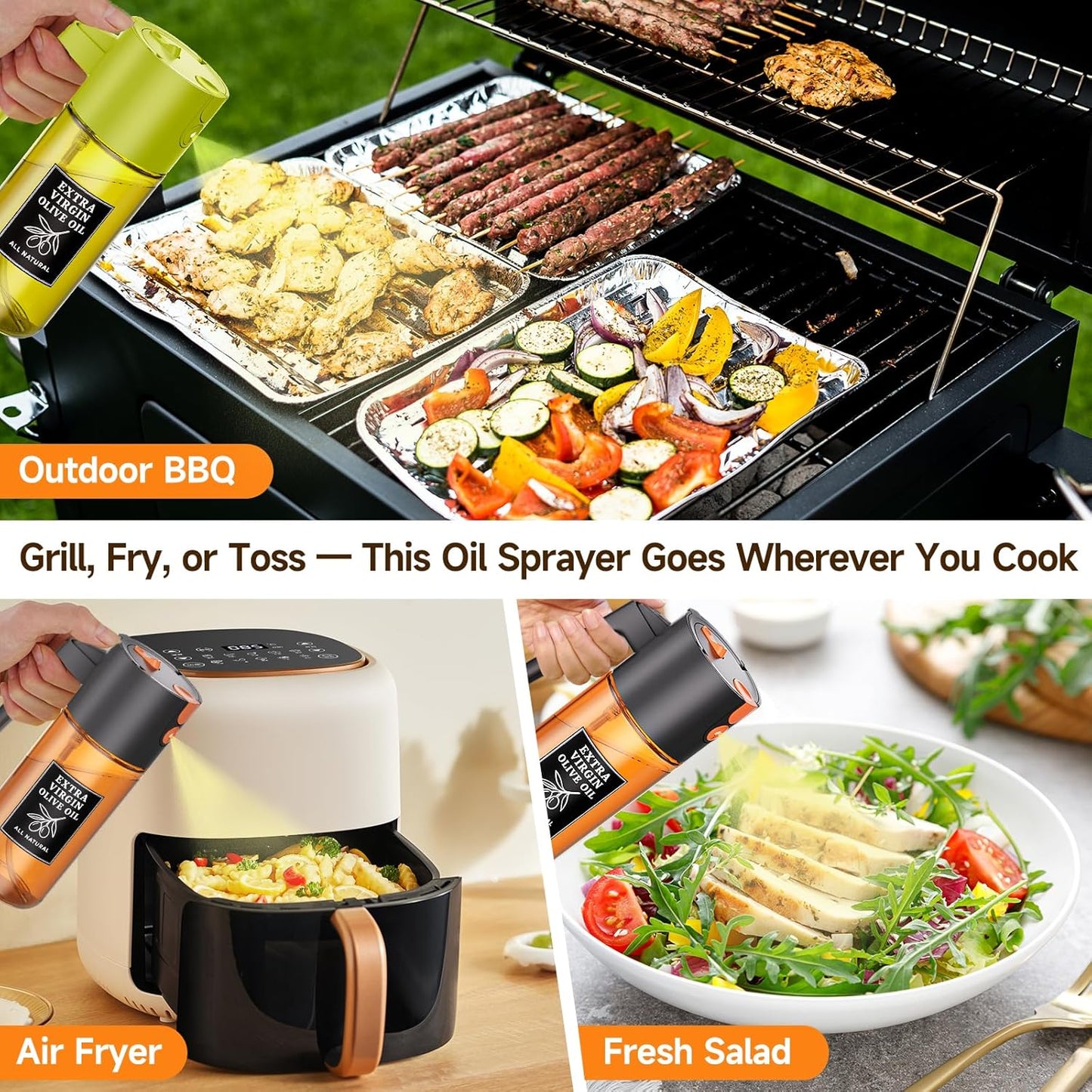 2-in-1 Dark Glass Oil Sprayer & Dispenser, Green Fine Mist No-Drip | 500ml dark glass for salad, air fryer vegetables & fresh kitchen prep; food-safe, 304 filter, wide-mouth refill/cleaning.