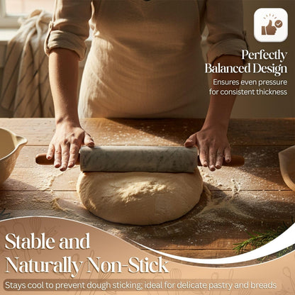 Marble Rolling Pin Heavy Nonstick Stone Dough Roller - 10 Inch Polished Barrel with Wooden Handles & Cradle Stand for Baking Pastry Bread Pizza Cookies Pie Crust Pasta Tortillas (White)