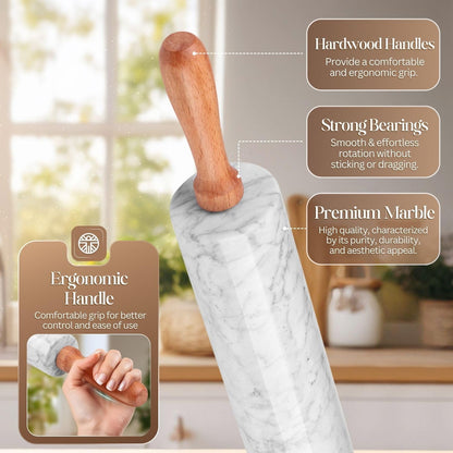 Marble Rolling Pin Heavy Nonstick Stone Dough Roller - 10 Inch Polished Barrel with Wooden Handles & Cradle Stand for Baking Pastry Bread Pizza Cookies Pie Crust Pasta Tortillas (White)