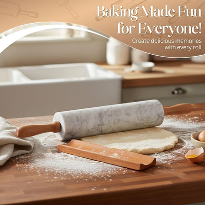 Marble Rolling Pin Heavy Nonstick Stone Dough Roller - 10 Inch Polished Barrel with Wooden Handles & Cradle Stand for Baking Pastry Bread Pizza Cookies Pie Crust Pasta Tortillas (White)