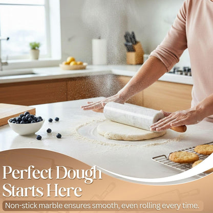 Marble Rolling Pin Heavy Nonstick Stone Dough Roller - 10 Inch Polished Barrel with Wooden Handles & Cradle Stand for Baking Pastry Bread Pizza Cookies Pie Crust Pasta Tortillas (White)